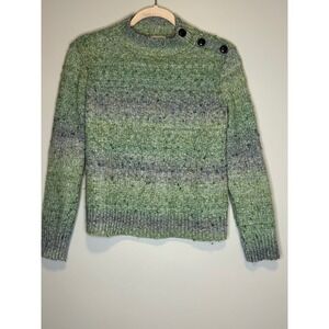 Talbots‎ Petite Green Striped Crew Neck Button Shoulder Sweater S